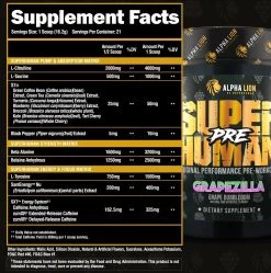 Alpha Lion Super Human Pre-Workout -Sports Energy Supplement Shop PRE GRAPEZILLA SUPPLEMENT FACTS 1 1