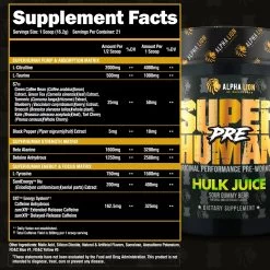Alpha Lion Super Human Pre-Workout -Sports Energy Supplement Shop PRE HULK JUICE SUPPLEMENT FACTS 1