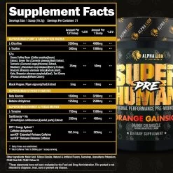 Alpha Lion Super Human Pre-Workout -Sports Energy Supplement Shop PRE ORANGE GAINSICLE SUPPLEMENT FACTS 1