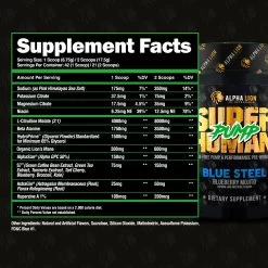 Alpha Lion Superhuman Pump -Sports Energy Supplement Shop SHPUMP BLUE STEEL SUPPLEMENT FACTS 1